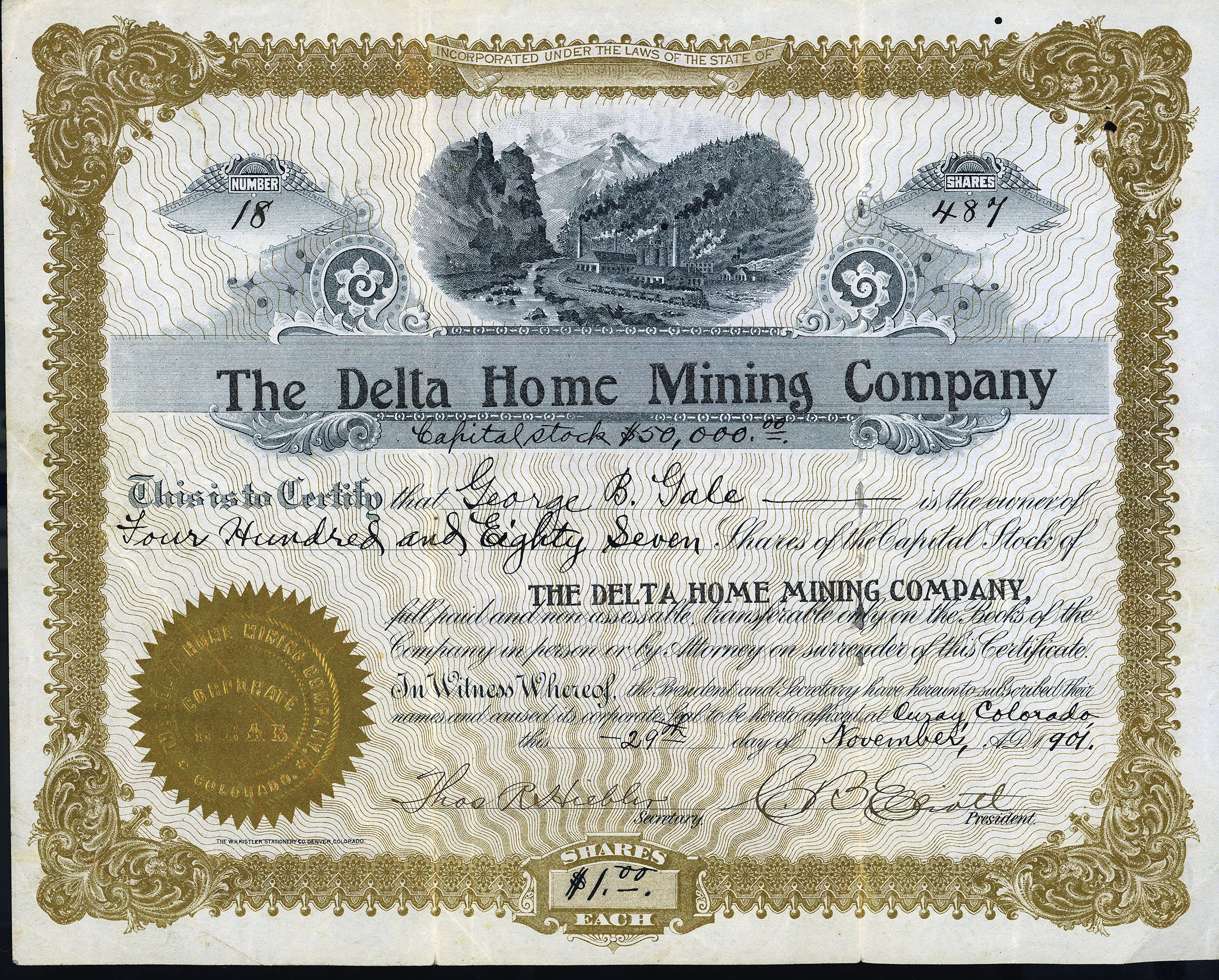 DELTA HOME MINING COMPANY stock certificate Ouray Colorado 1901