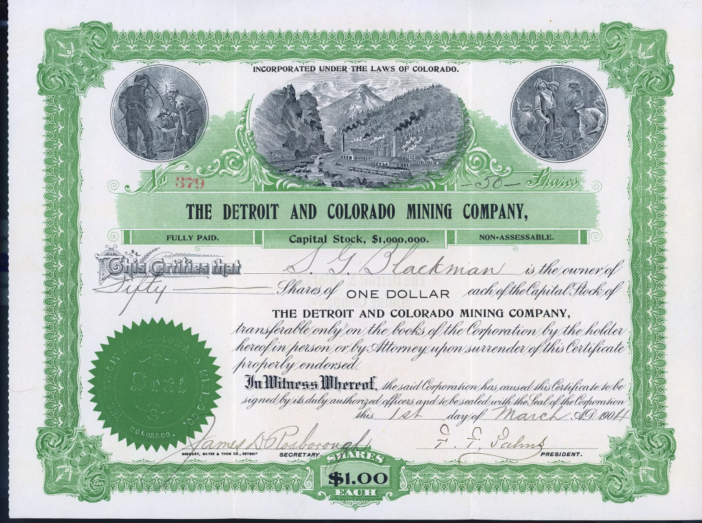 DETROIT AND COLORADO MINING COMPANY stock certificate Silverton Colorado 1904