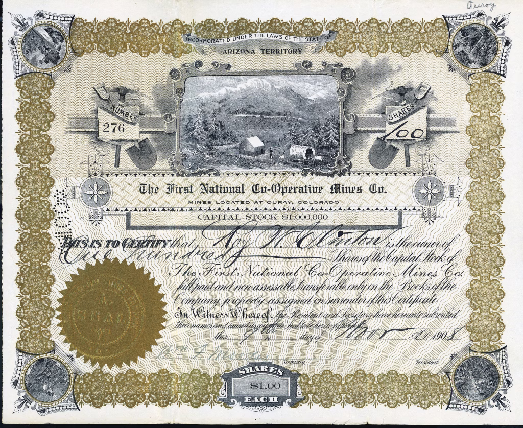 FIRST NATIONAL CO-OPERATIVE MINES COMPANY stock certificate Ouray Colorado 1908