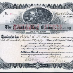 The Mountain King Mining Company stock certificate, 1915, Ouray County, Colorado.