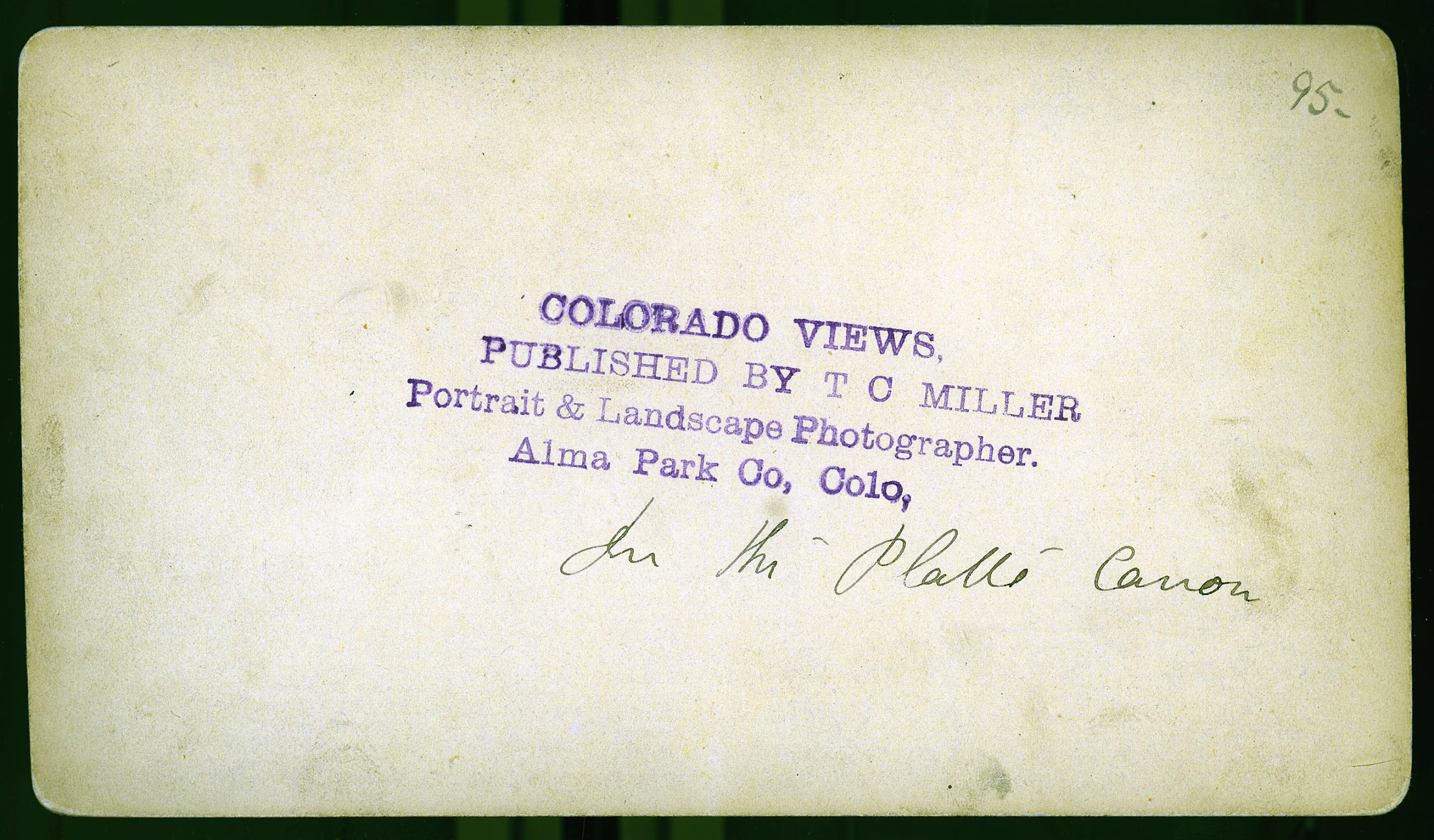 Platte Canon Denver South Park & Pacific Railroad TC Miller stereoview 1880 back