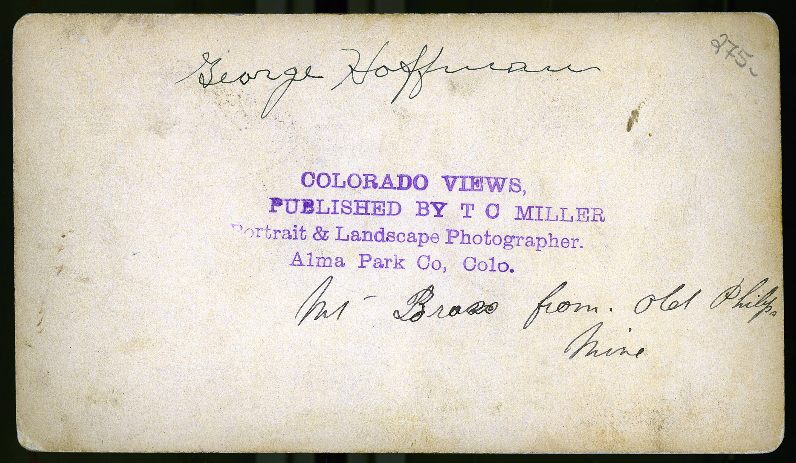 Mt Bross from old Philips Mine near Alma Colorado TC Miller stereoview 1880 back
